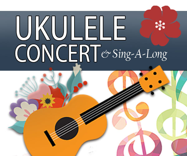 Ukulele Concert with a ukulele and musical notes.