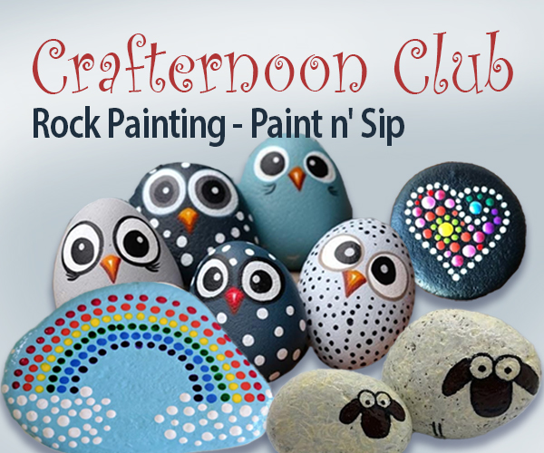 Crafternoon Club Rock painting, paint n' sip. raocks painted as rainbows and various animals