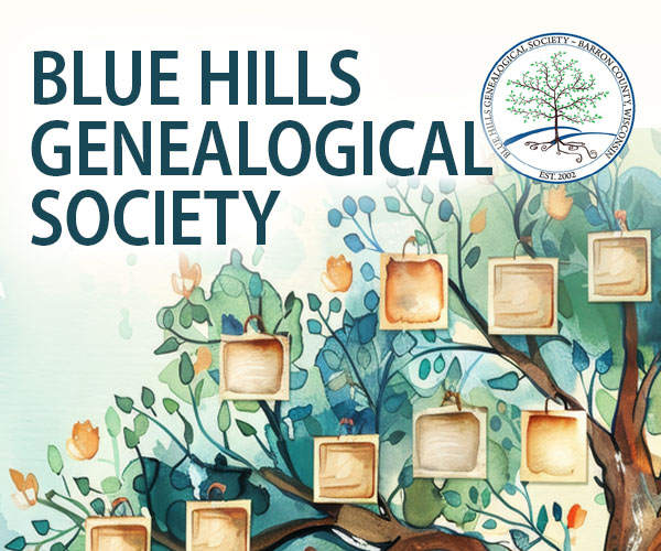 Blue Hills Genealogy Society, their log and a family tree in the background