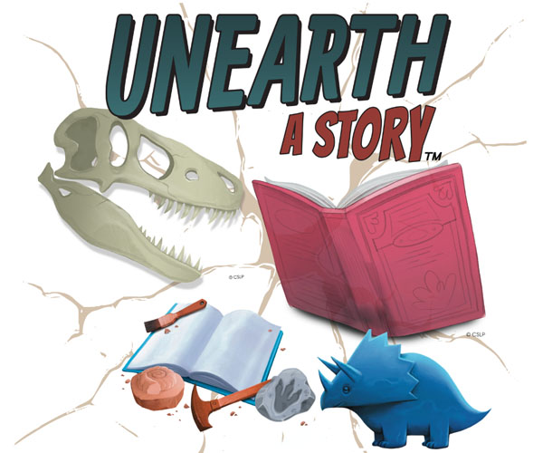 Unearth a Story with a dinosaur skull a book, small dinosaur and tools
