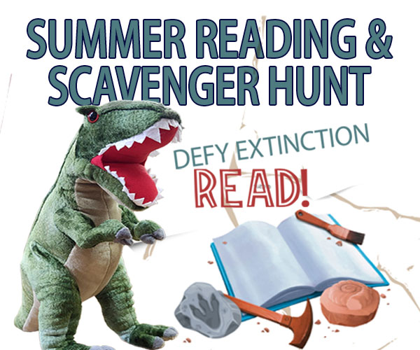 Summer Reading and Scavenger Hunt, T. rex, books and tools.